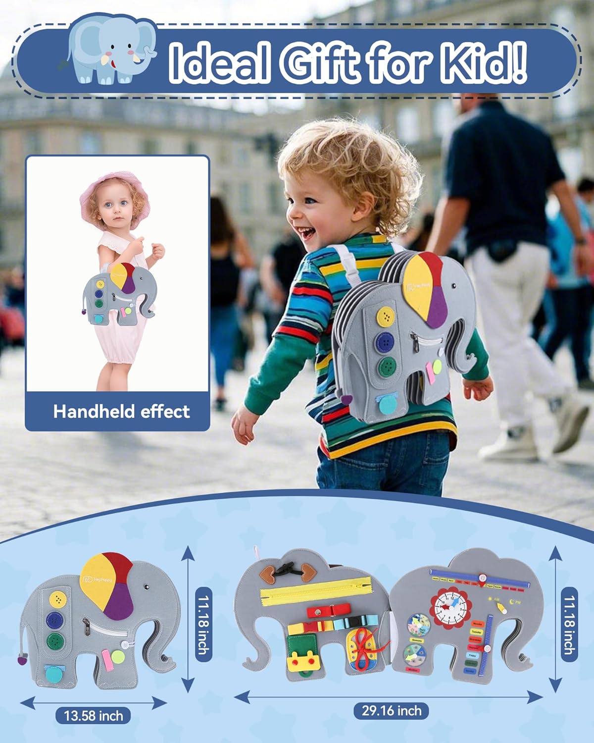 Heypappy Montessori busy board for toddlers featuring an elephant design with various interactive elements