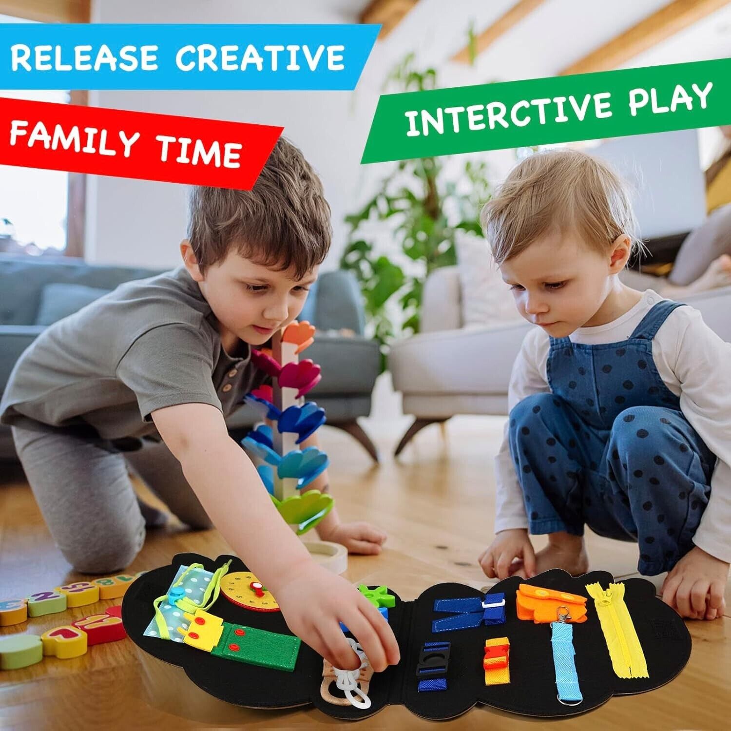 Children engaging with a Dinosense Montessori busy board for toddlers promoting interactive play and creativity