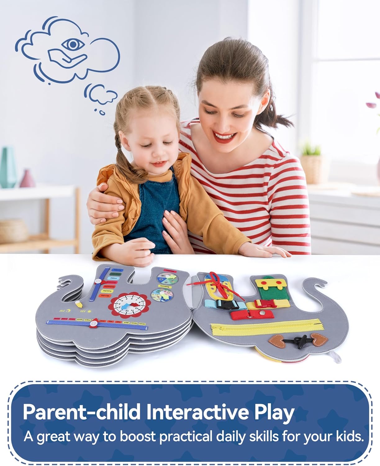 Montessori busy board for toddlers designed for interactive parent-child play and skill development