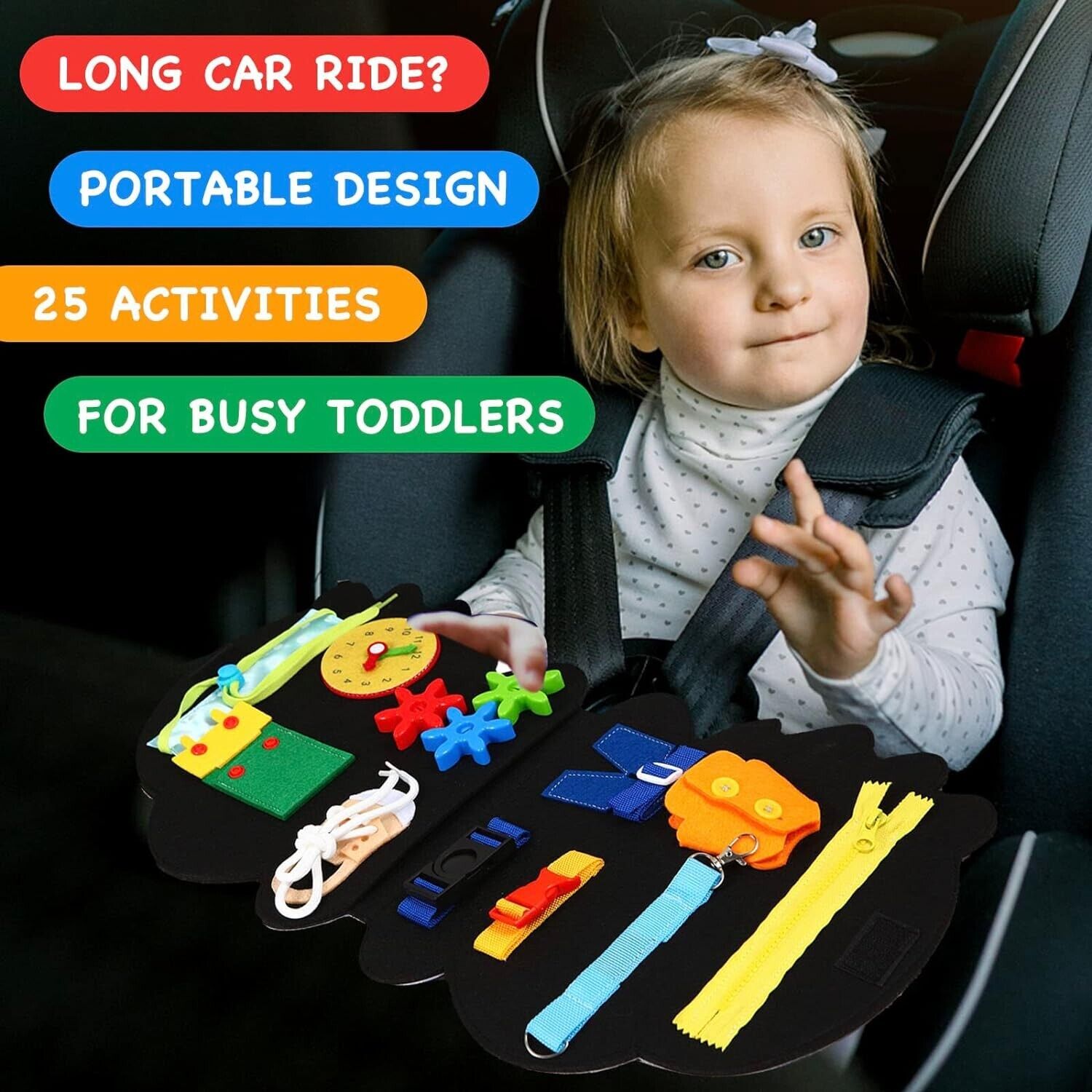 Dinosense Montessori busy board for toddlers with 25 activities for travel and playtime