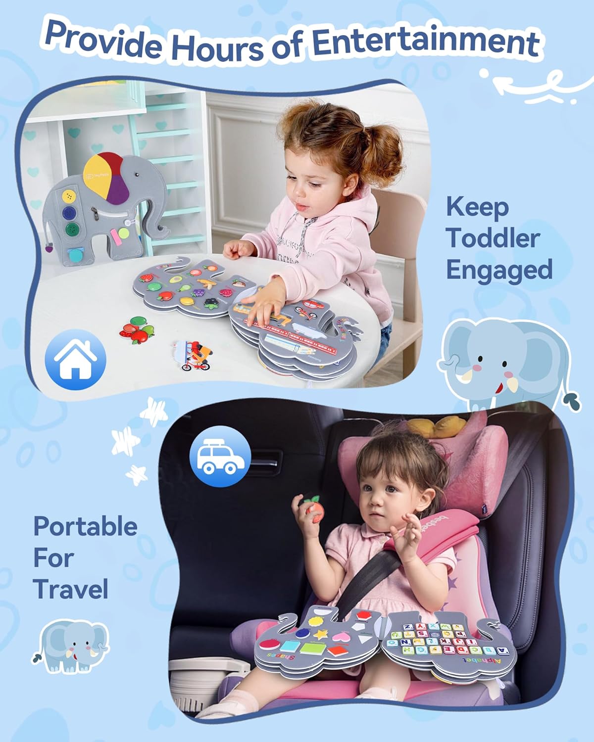 Heypappy Montessori busy board for toddlers, designed for travel and keeping kids engaged