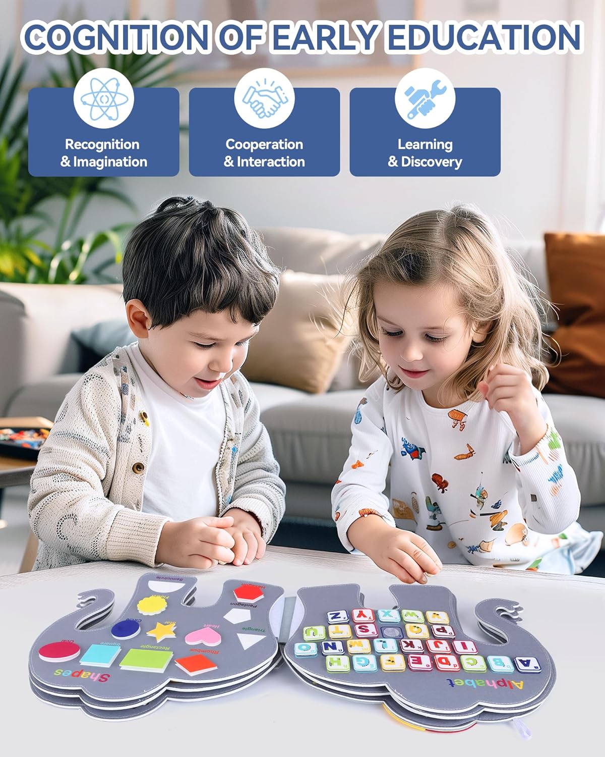Two toddlers using a Montessori busy board for toddlers, engaging in learning and discovery activities