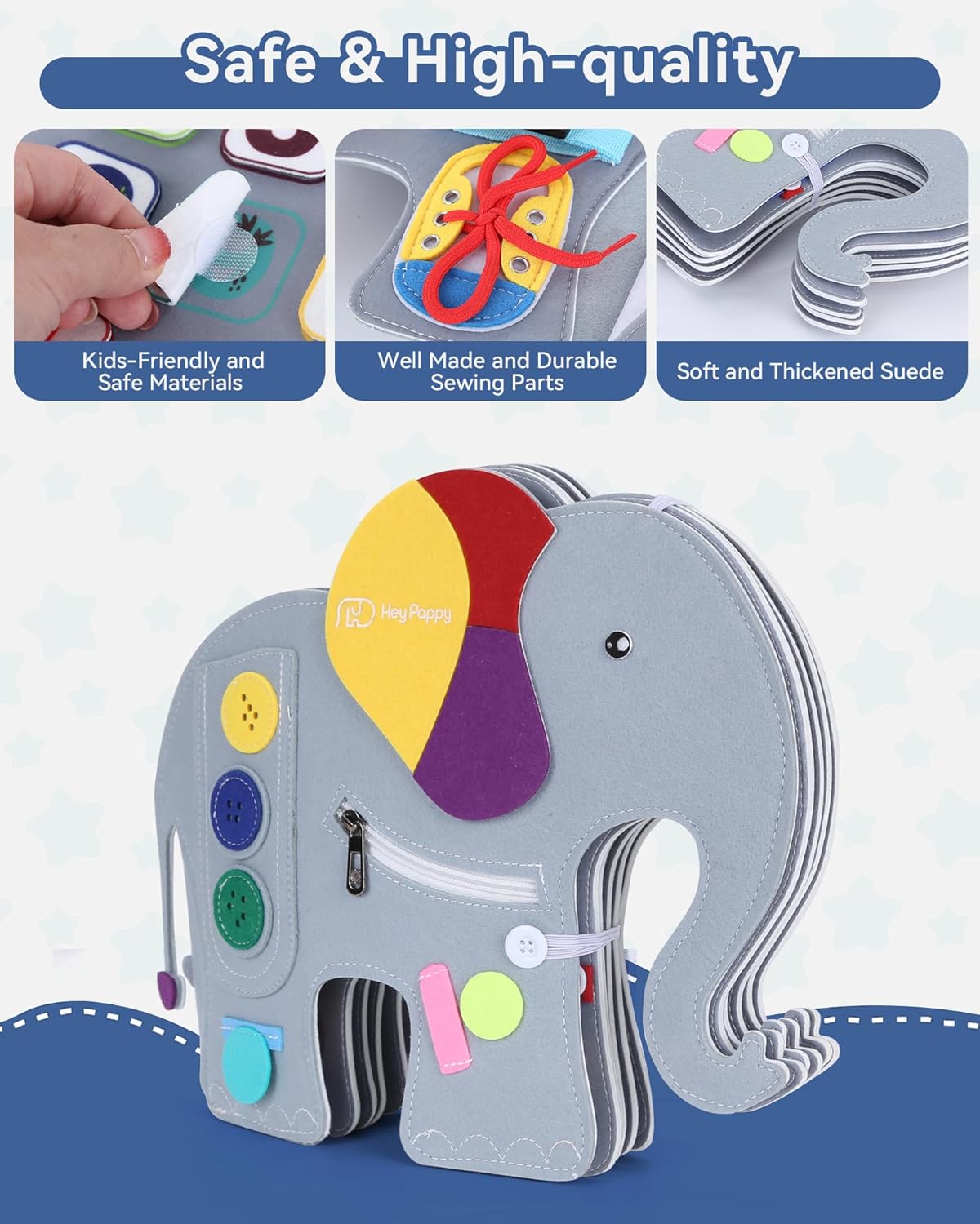 Heypappy Montessori busy board for toddlers, featuring safe materials and engaging activities for learning