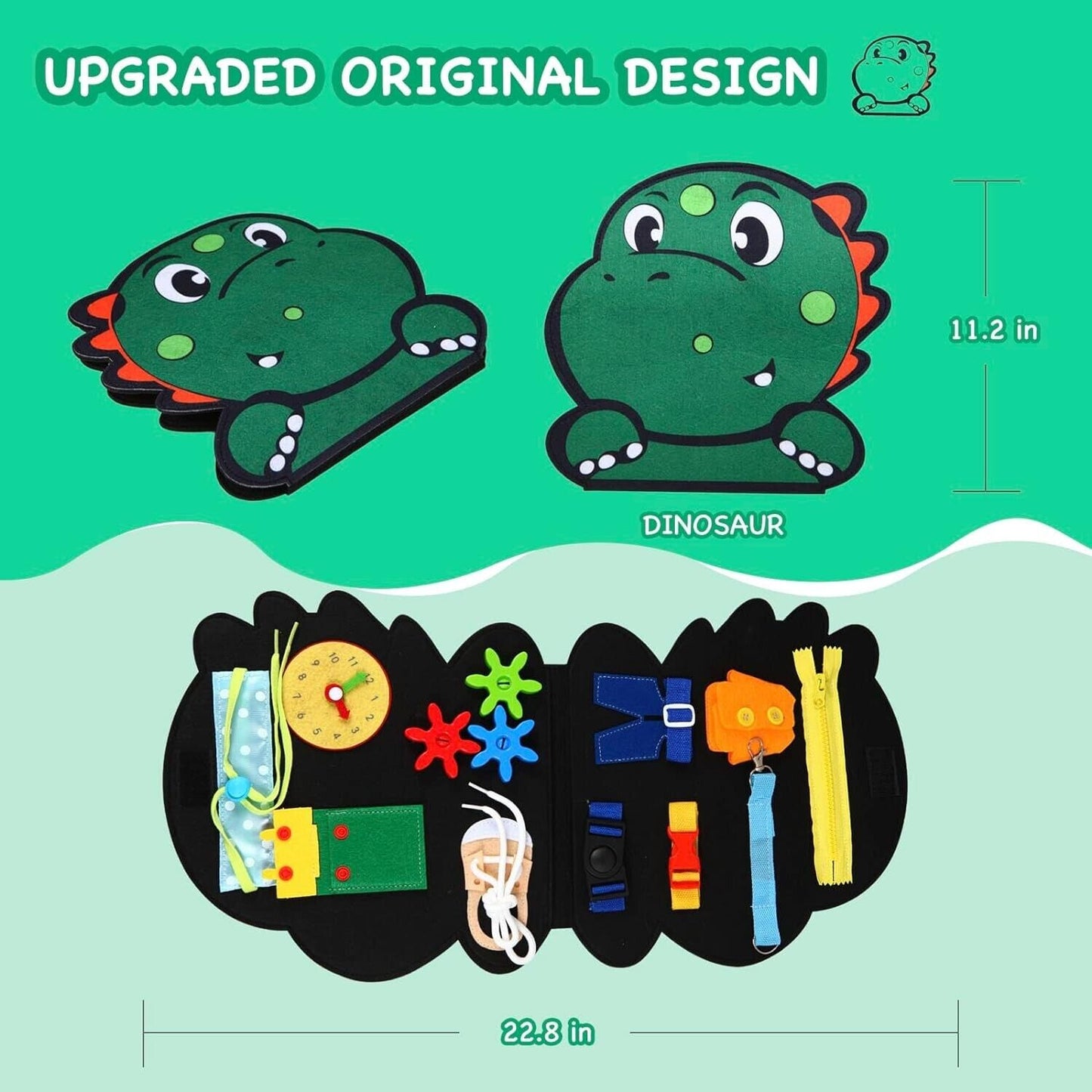 Montessori busy board for toddlers featuring a dinosaur design with various interactive elements
