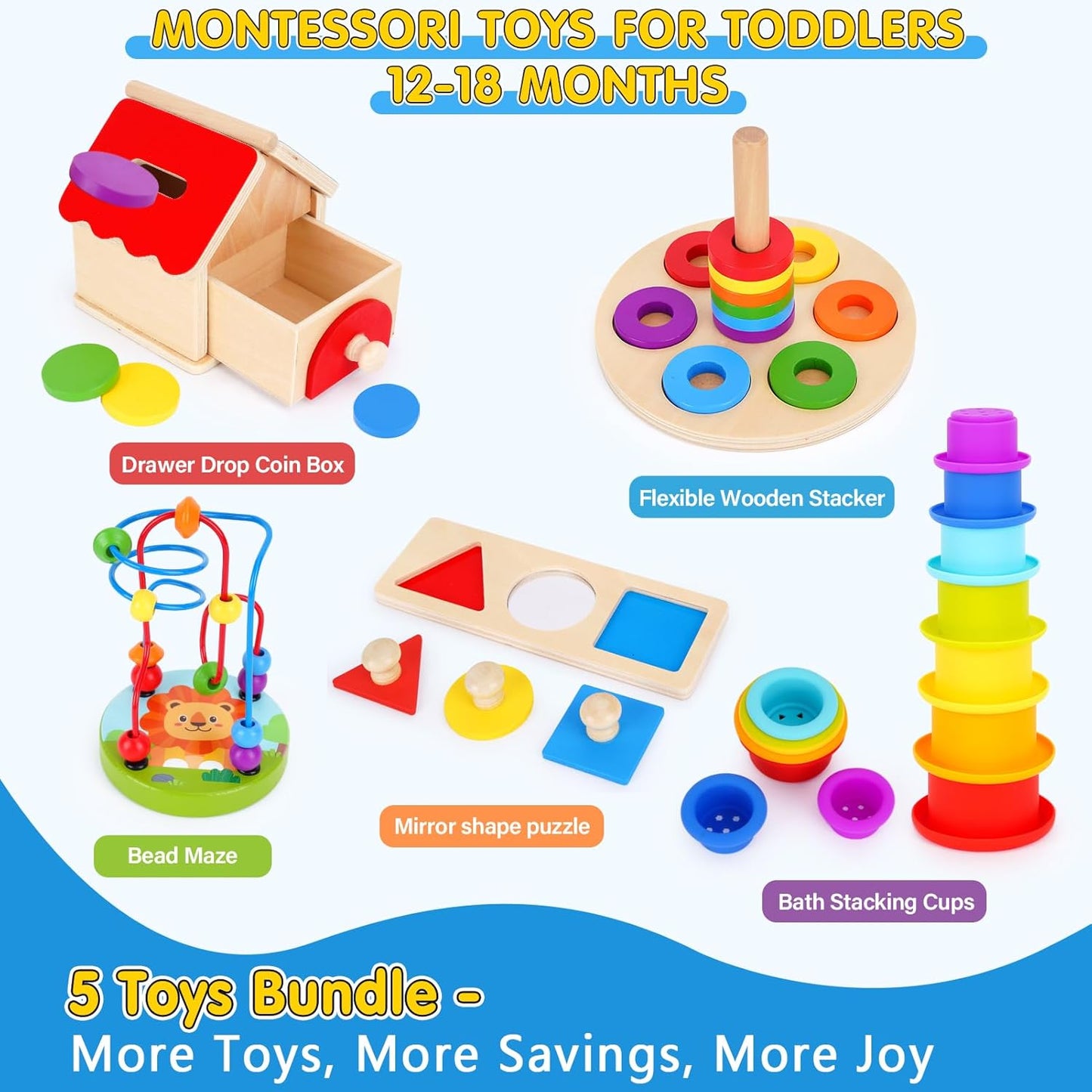 Montessori educational toys for toddlers including stacking rings and a bead maze for early learning