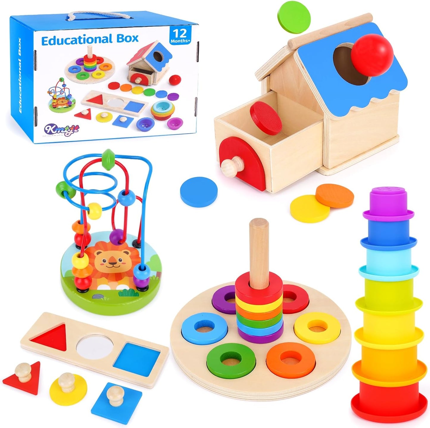 Montessori educational toys set including building blocks, shape sorter, and stacking rings for child development