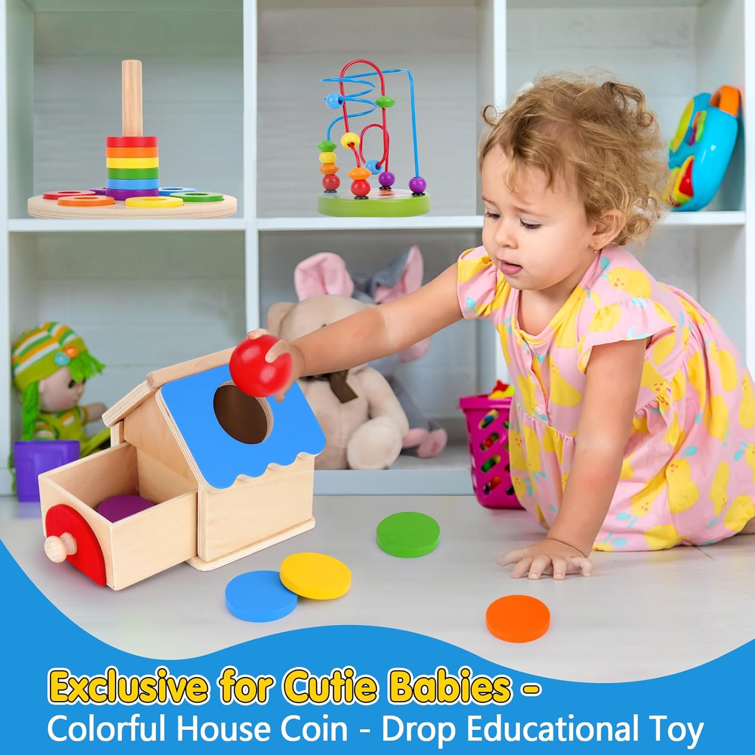 KMTJT Montessori educational toys featuring a colourful house coin drop toy for interactive learning