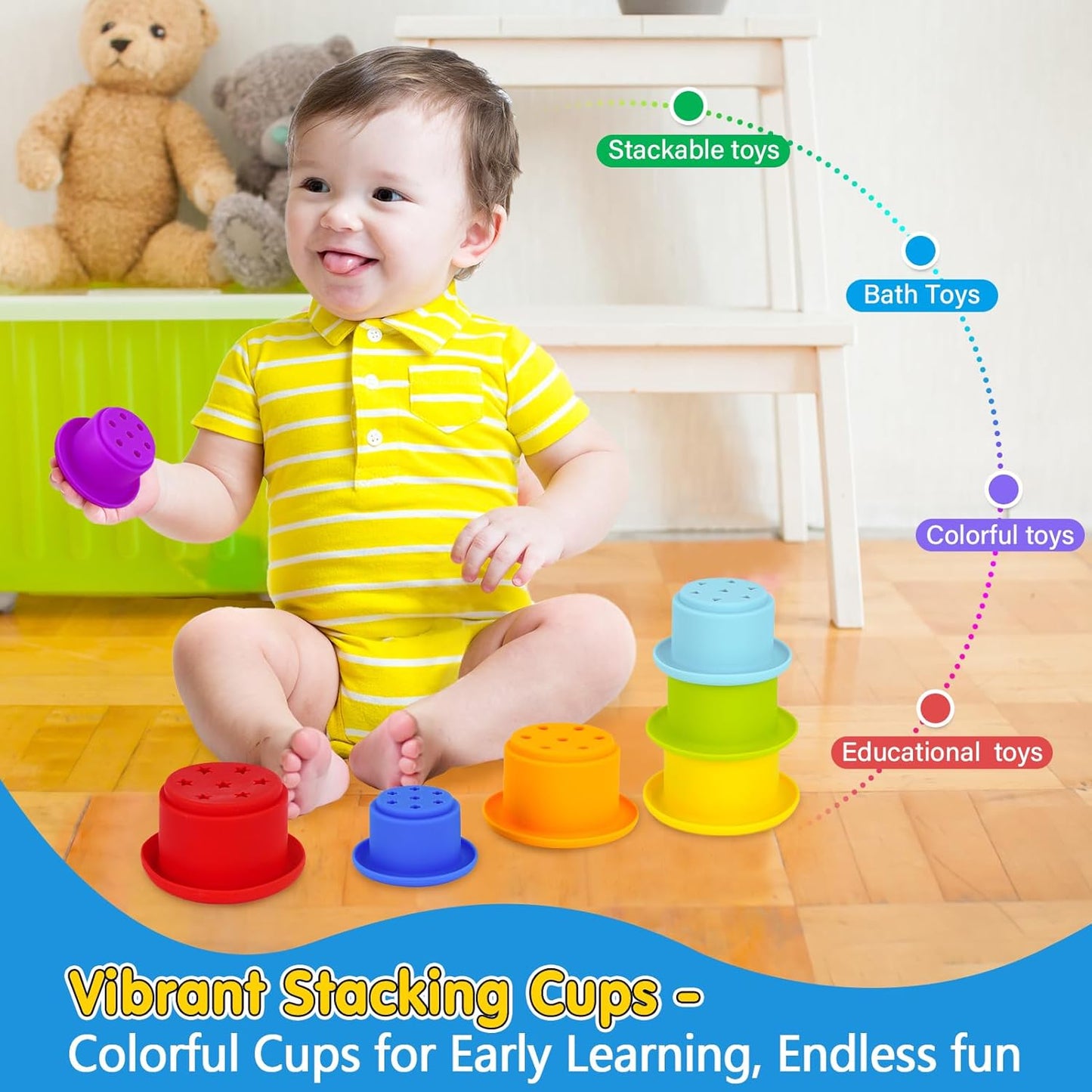 KMTJT vibrant stacking cups in various colours, ideal montessori educational toys for early learning and fun