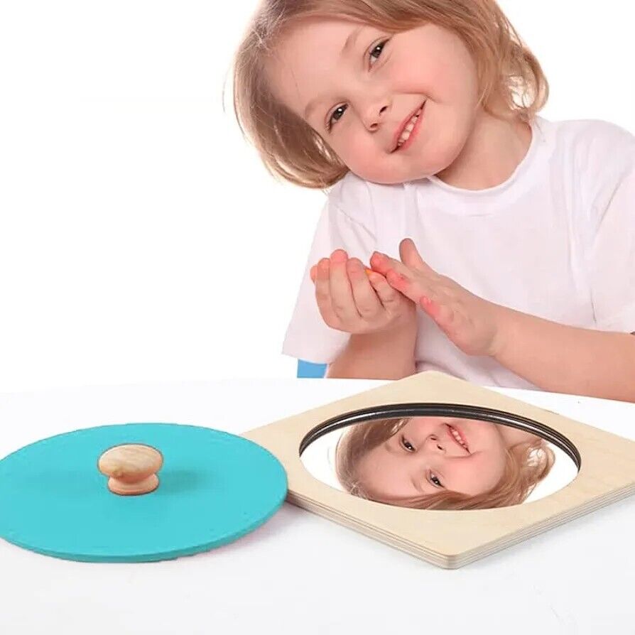 Montessori mirror puzzle for toddlers showing a child engaged with the colourful wooden toy