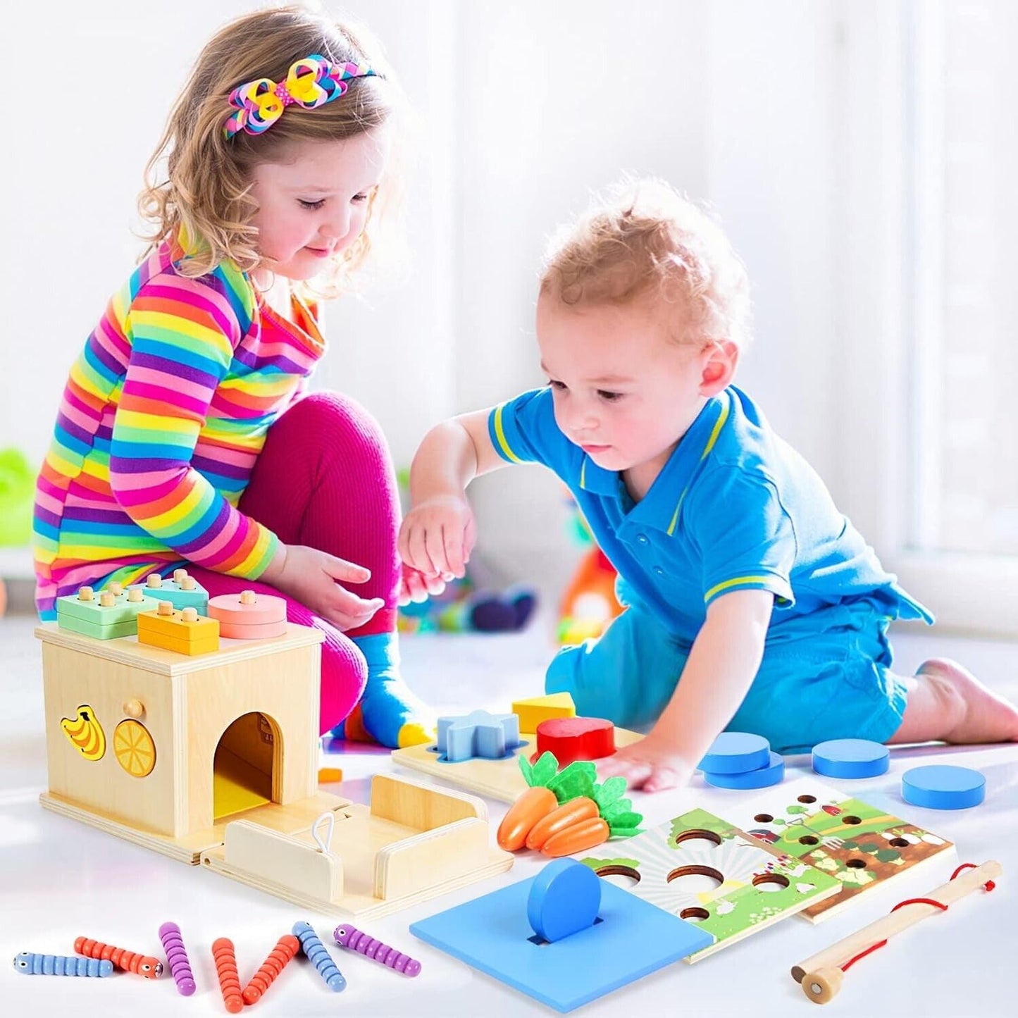 Two children playing with colourful Montessori toys for 3 year olds on a bright indoor mat