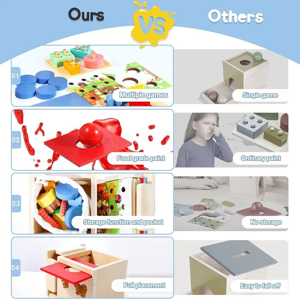 Comparison of Montessori toys for 3 year olds highlighting features like multiple games and safe materials