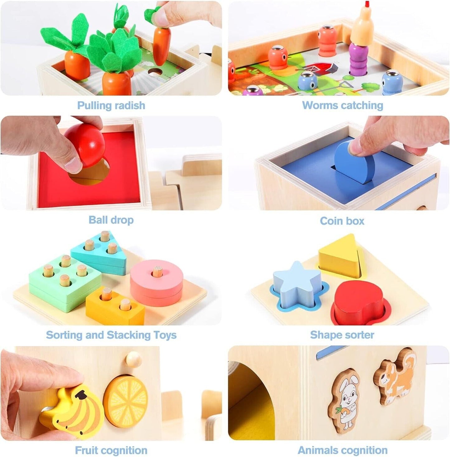 Various Montessori toys for 3 year olds including sorting, stacking, and shape sorting activities