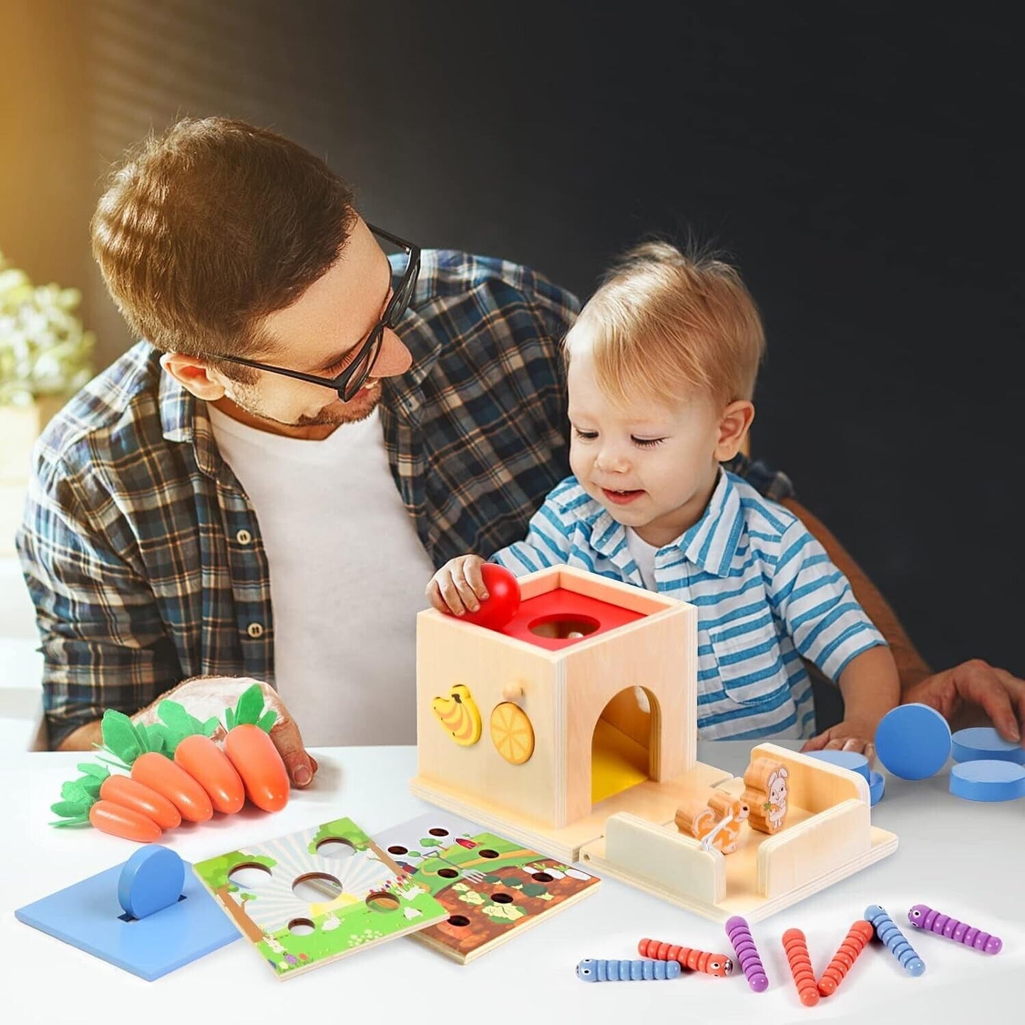 A father and son engaging with colourful Montessori toys for 3 year olds in a bright playroom setting