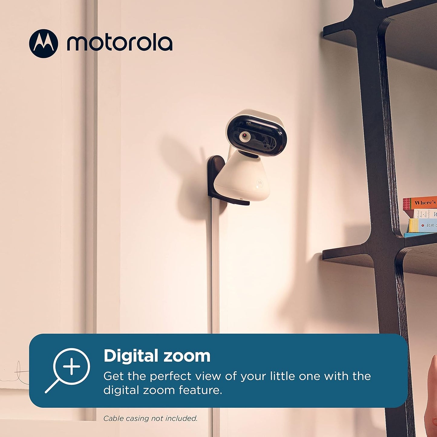 Motorola video baby monitor on a wall shelf providing a clear view of your little one