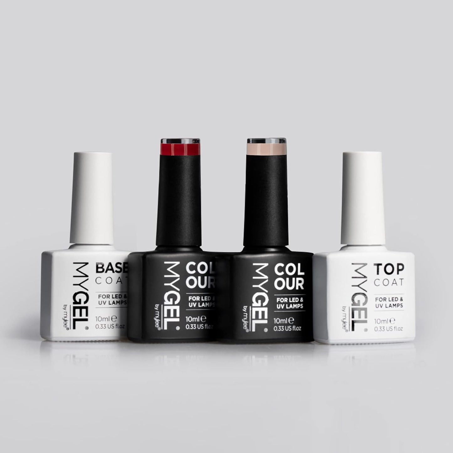 Mylee Mygel Colour Collection nail polish set including base coat and top coat in black and white bottles