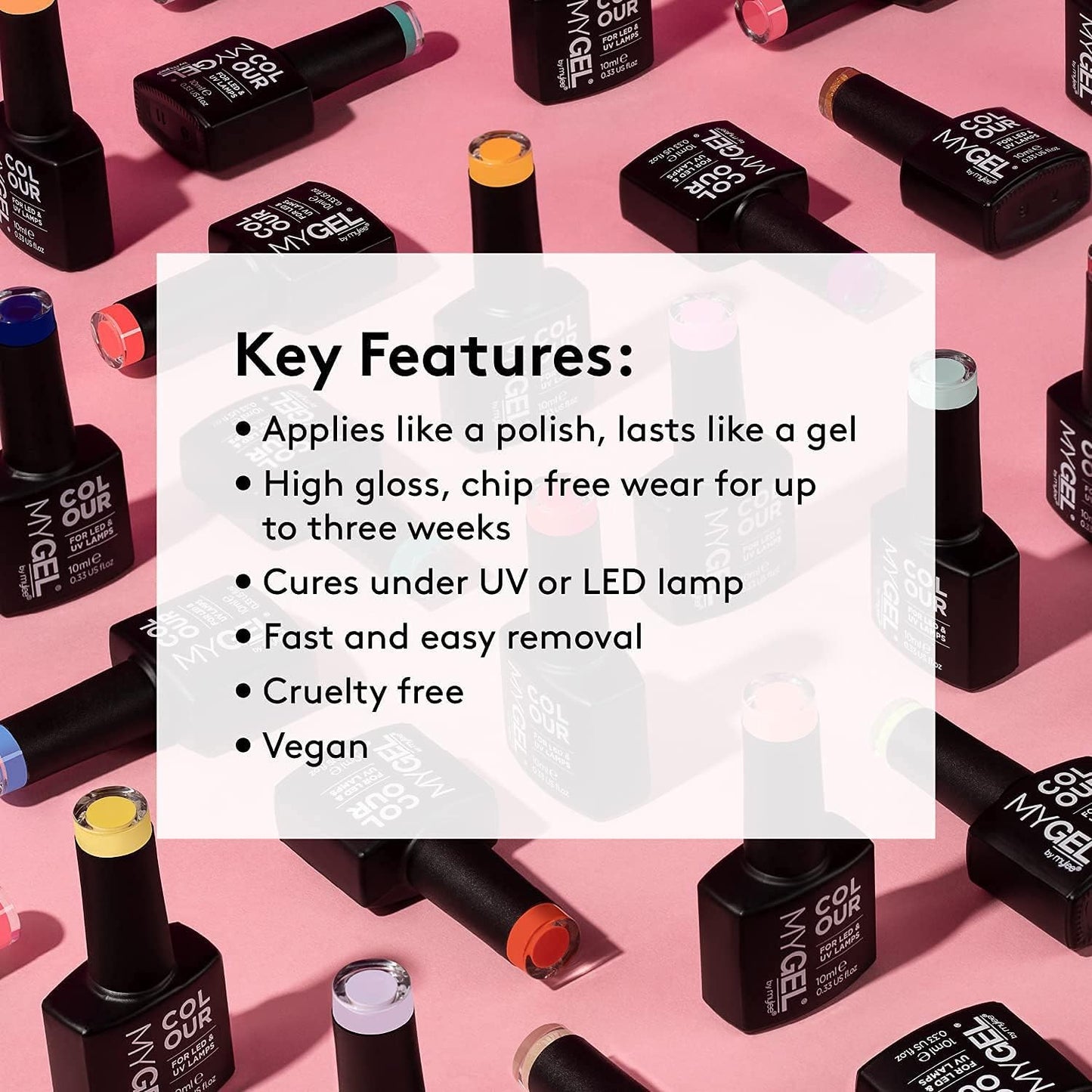 Mylee Mygel Colour Collection nail polish bottles showcasing vibrant, chip-free colours for lasting wear