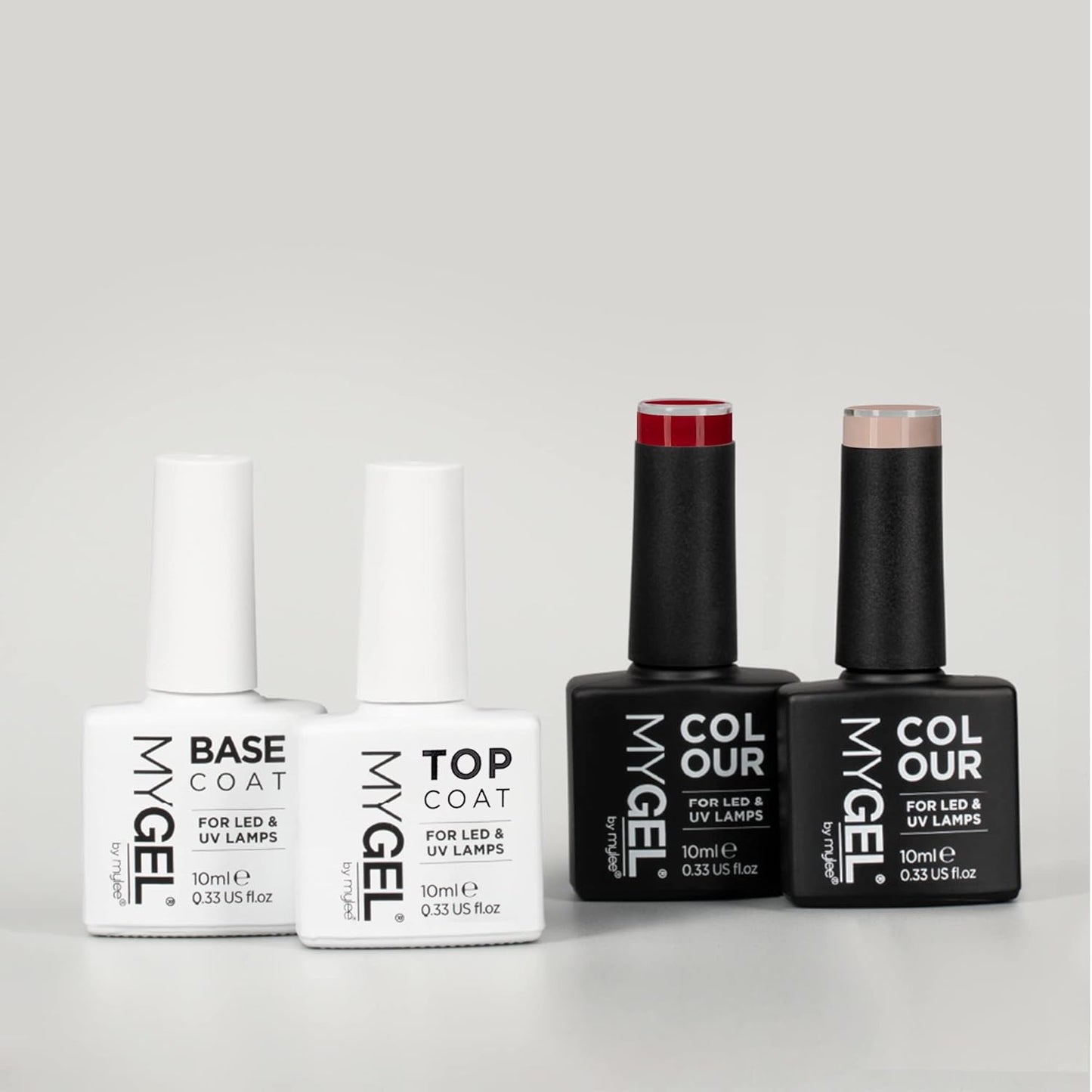 Mylee Mygel Colour Collection nail polish set with base coat, top coat, and two colour polishes