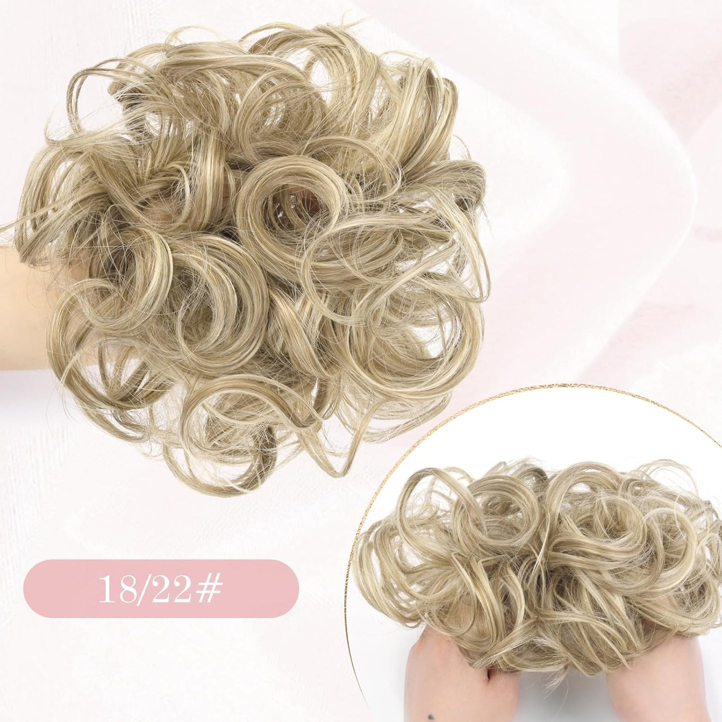 Vlasy messy bun hair piece for women in light blonde with textured curls for easy styling