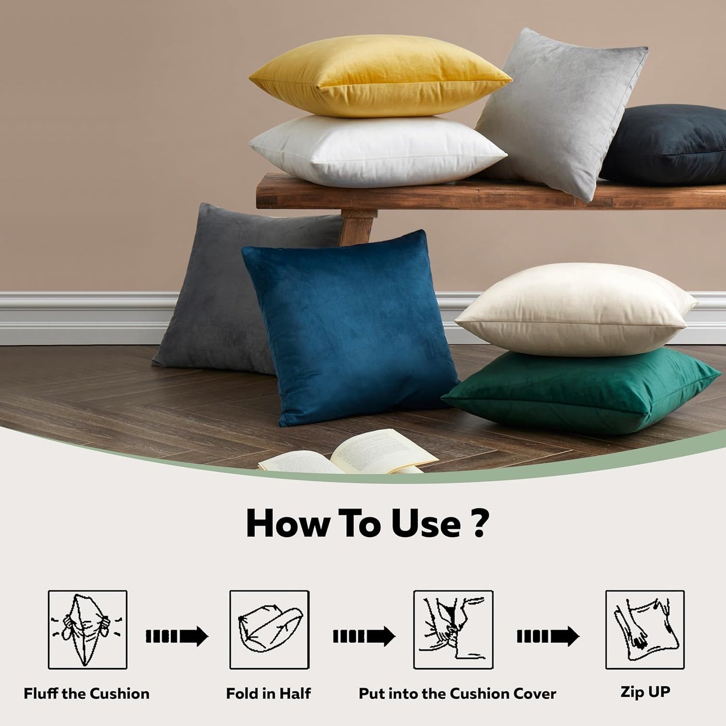 Stylish display of navy crushed velvet cushion covers among various other coloured cushions for home decor