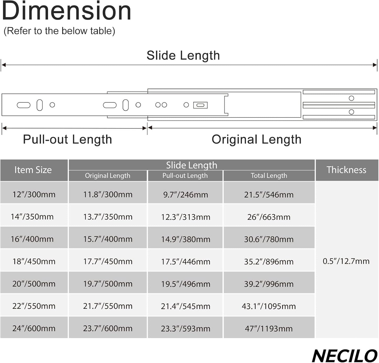 Necilo Homeware Dimension Guide for Drawer Slides with Various Lengths and Thickness Options