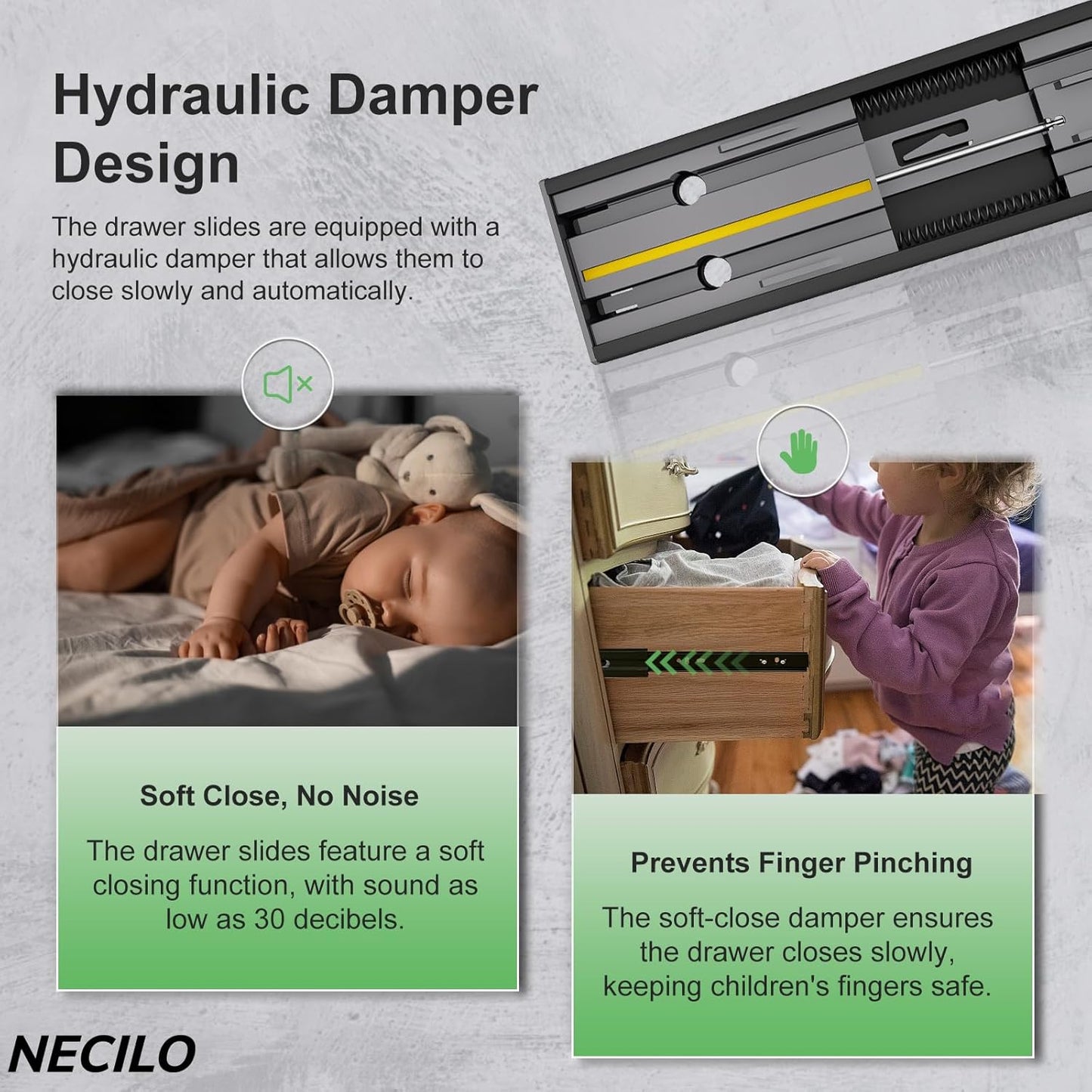 Necilo Hydraulic Damper Drawer Slides for Soft, No Noise Closing and Finger Pinch Prevention