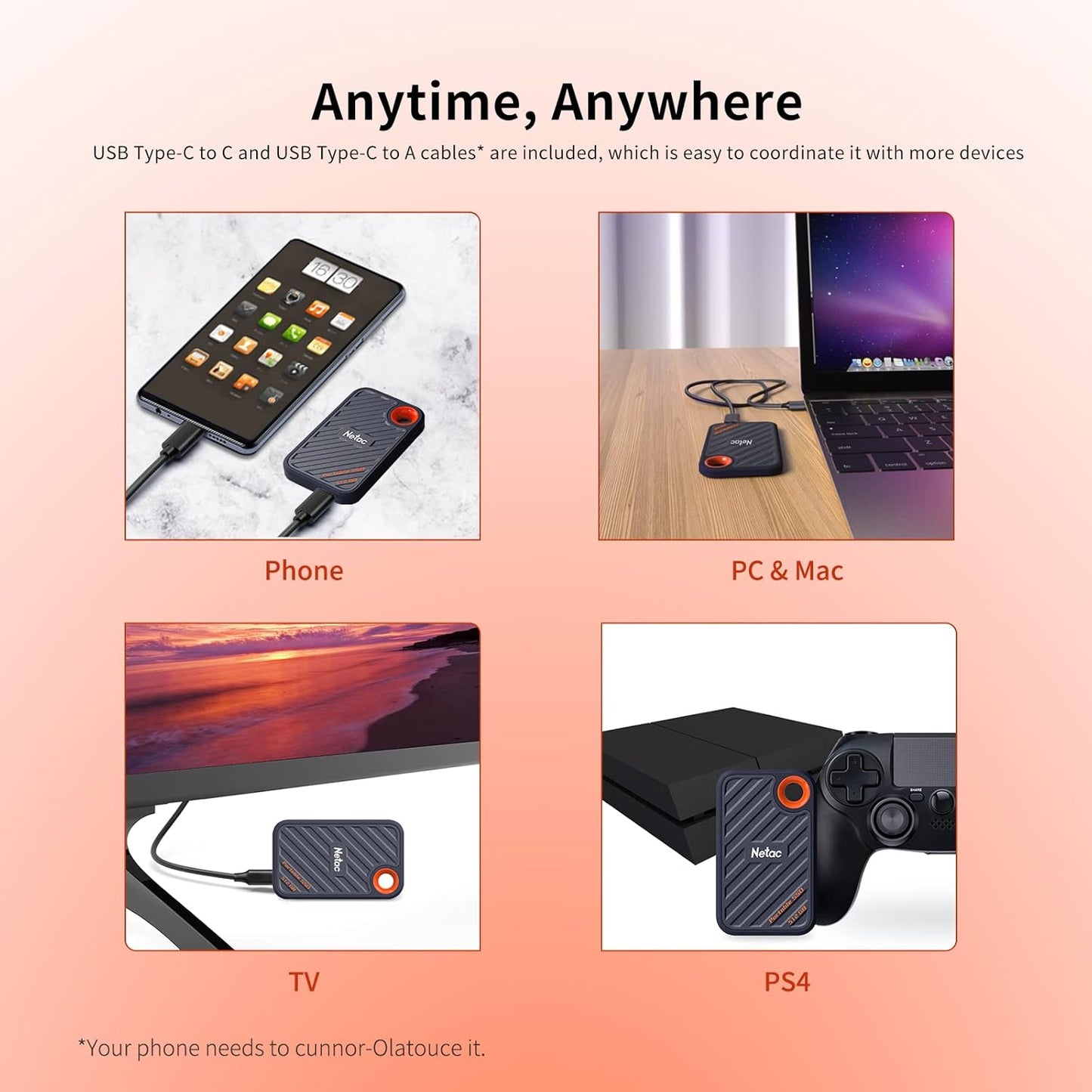 Netac ZX20 512GB external SSD showcased with phone, PC, TV, and PS4 for versatile connectivity