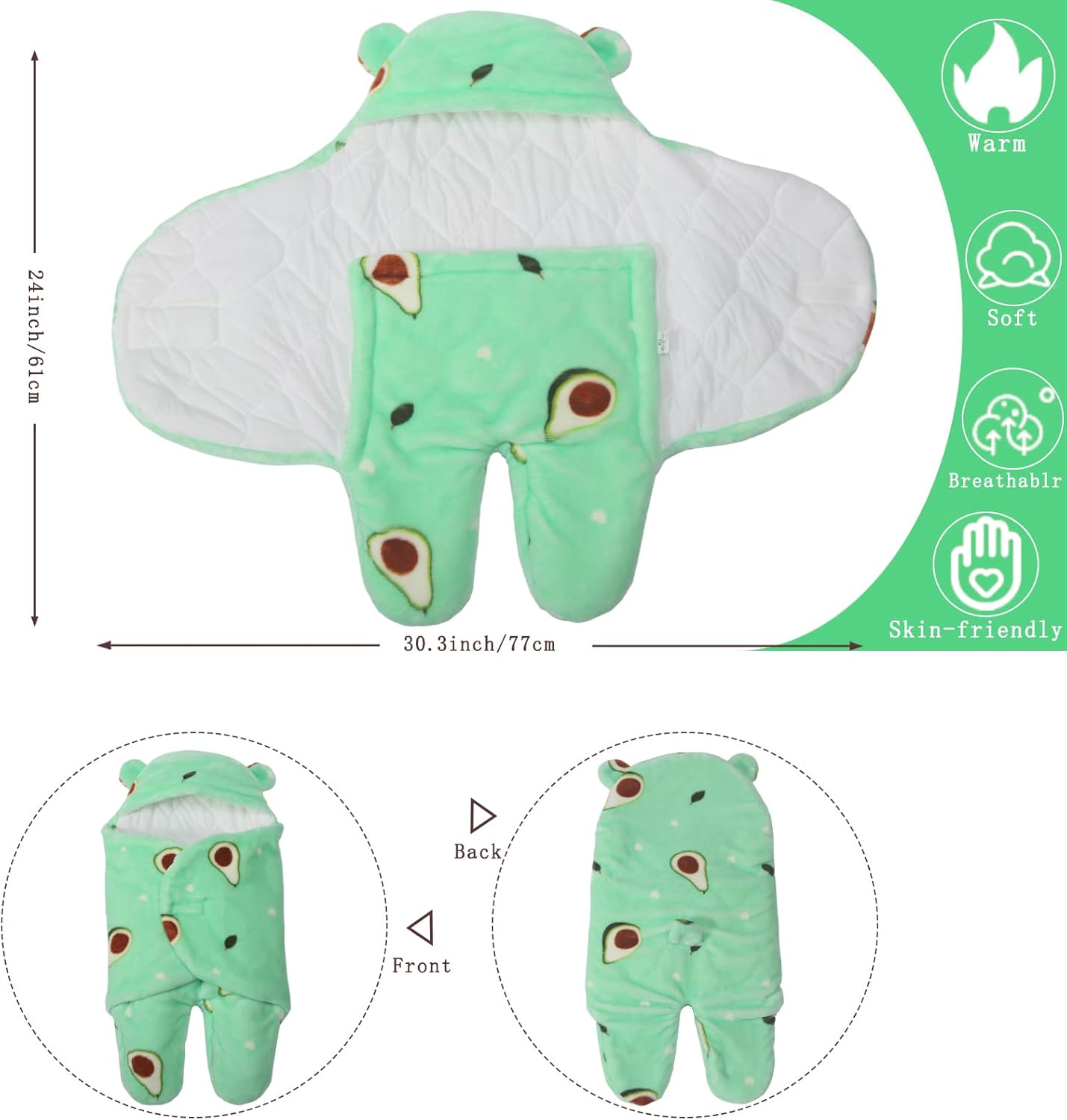Soft green newborn baby blanket featuring adorable avocado prints for cuddly comfort
