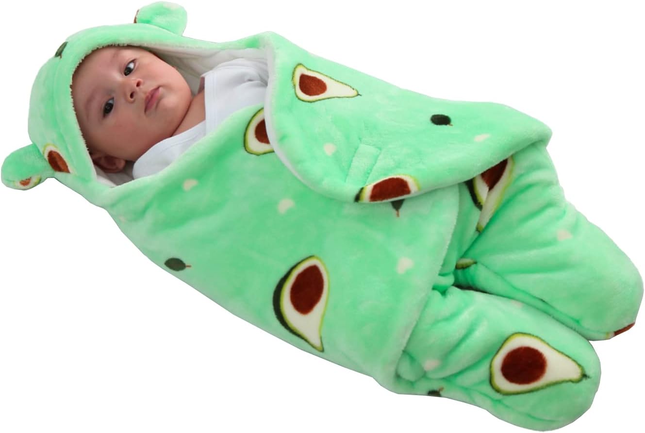 Soft green newborn baby blanket with cute avocado design, ideal for keeping infants warm and cosy