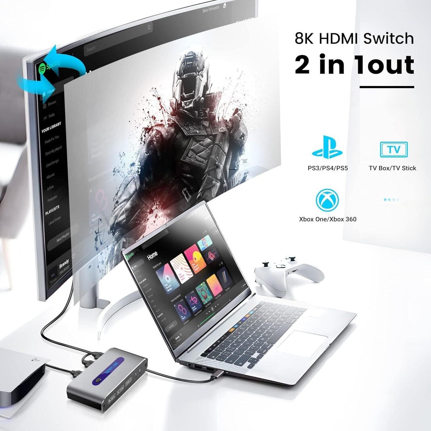 Newcare 8K HDMI switch 2 in 1 out connecting laptop, gaming controller and curved monitor