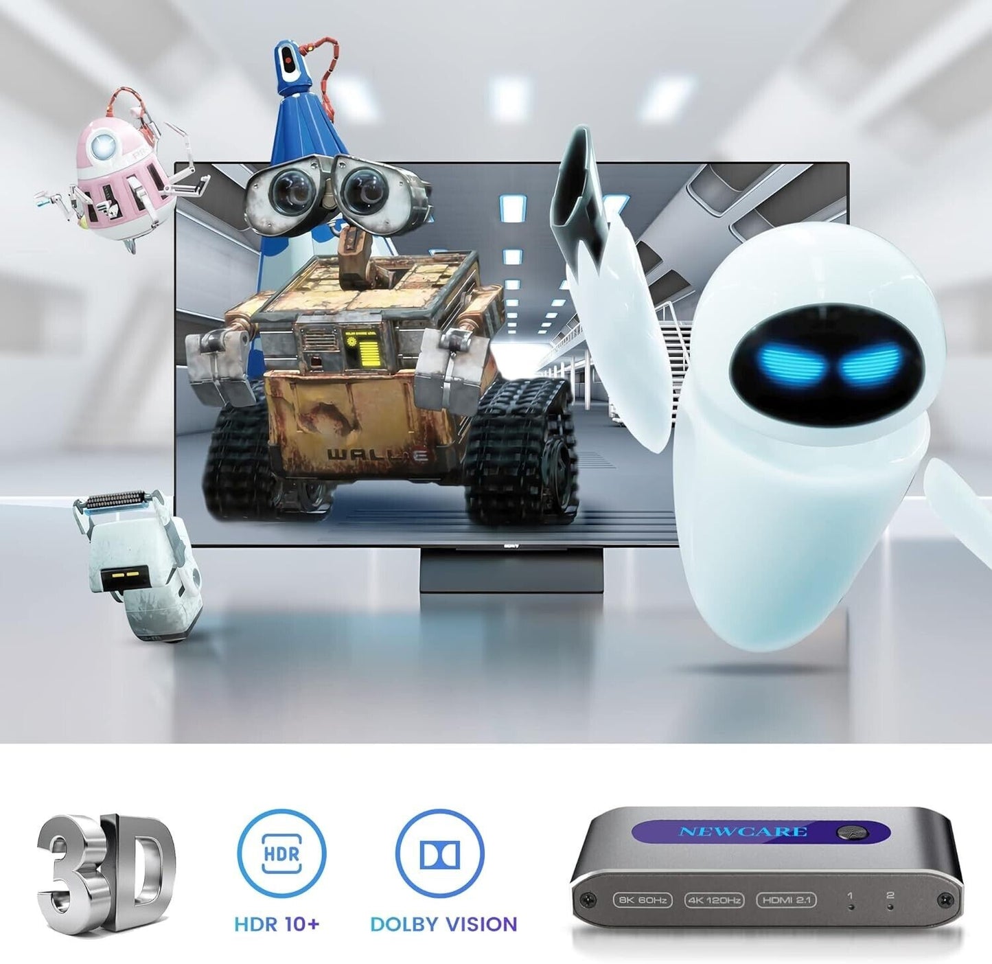 Newcare 8K HDMI switch 2 in 1 out beside TV showing animated robots with 3D HDR10 Plus and Dolby Vision icons