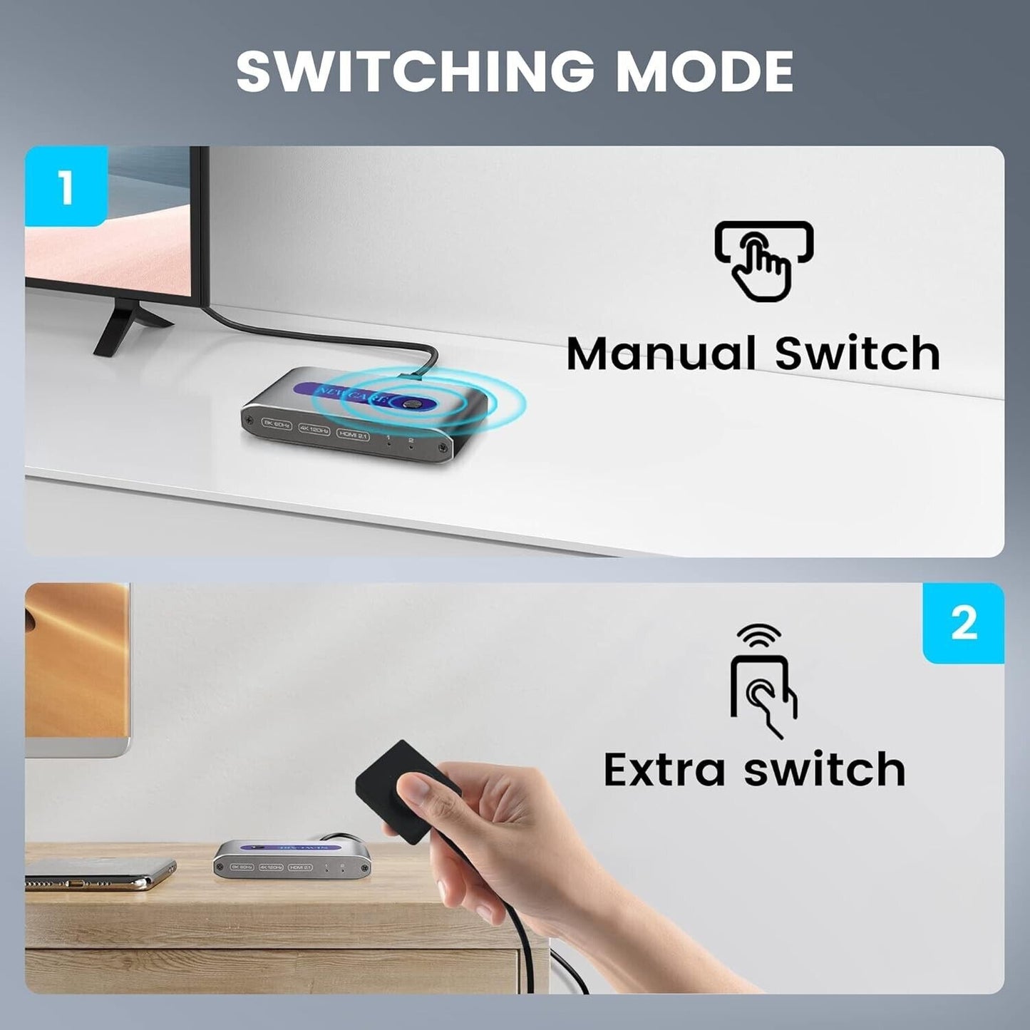 Newcare 8K HDMI switch 2 in 1 out device on desk showing manual push button and remote switch