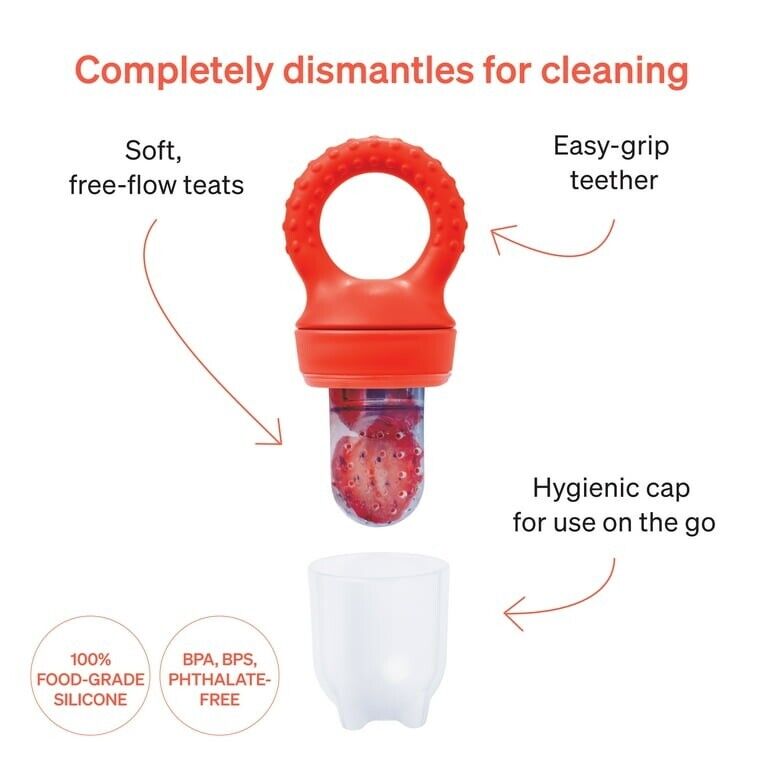 Baby food pacifier feeder with soft teats and easy-grip teether for hygienic feeding on the go