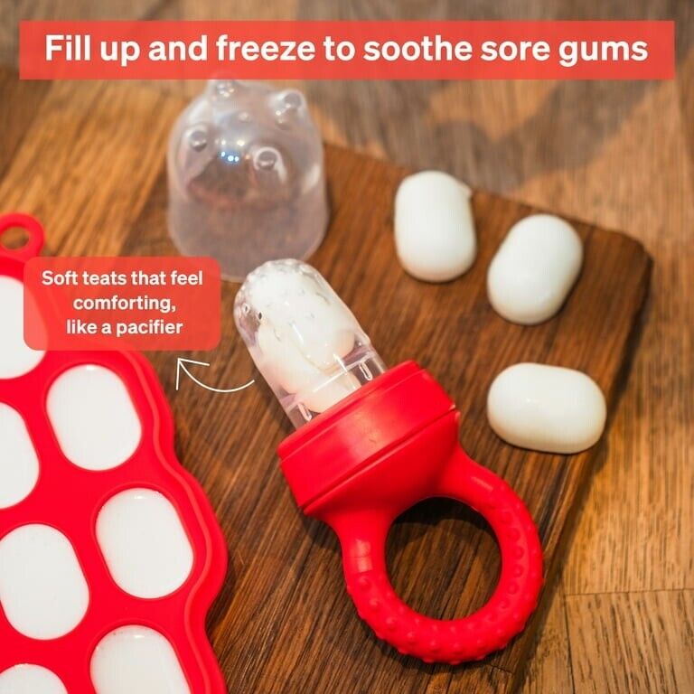 Red baby food pacifier feeder with soft teats for soothing sore gums, ideal for infants