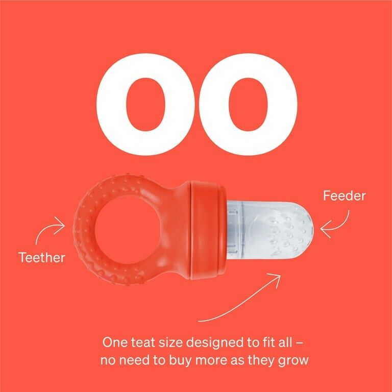 Flexible baby food pacifier feeder with teether ring for easy handling during feeding