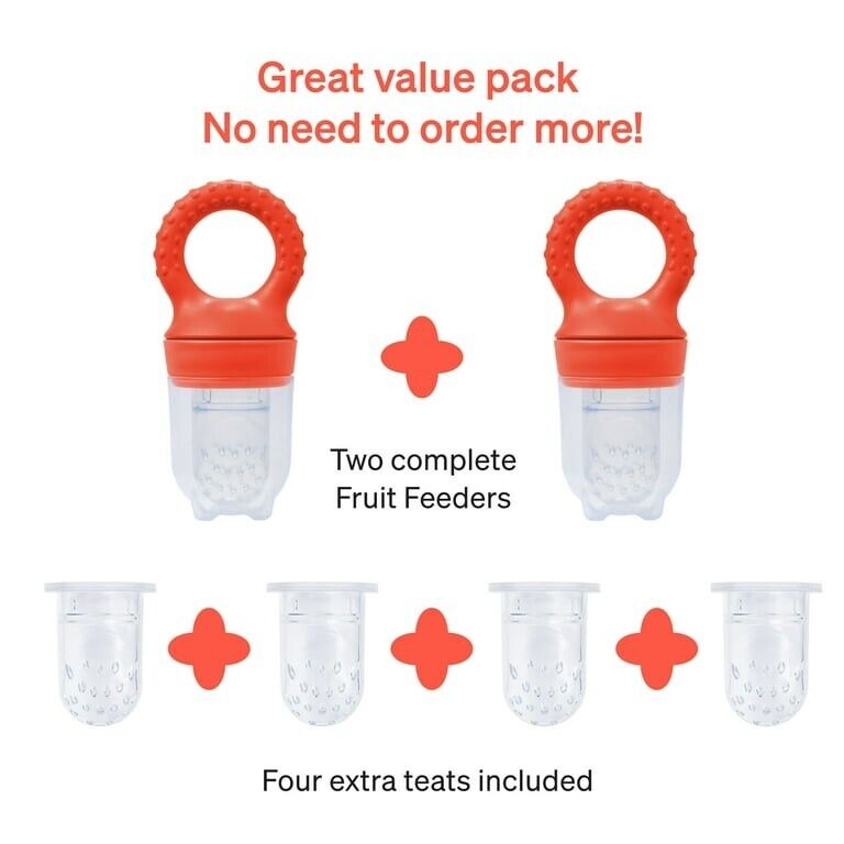 Two orange baby food pacifier feeders with four extra teats included for convenient feeding