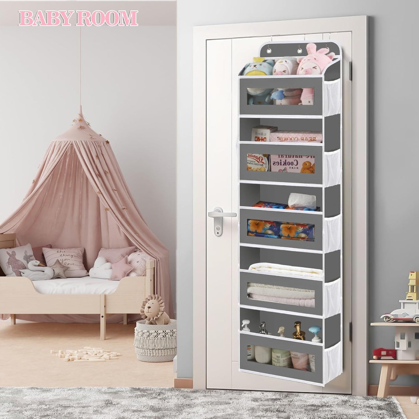 KYEVIS nursery over the door organiser, perfect for storing baby essentials and toys in a stylish way