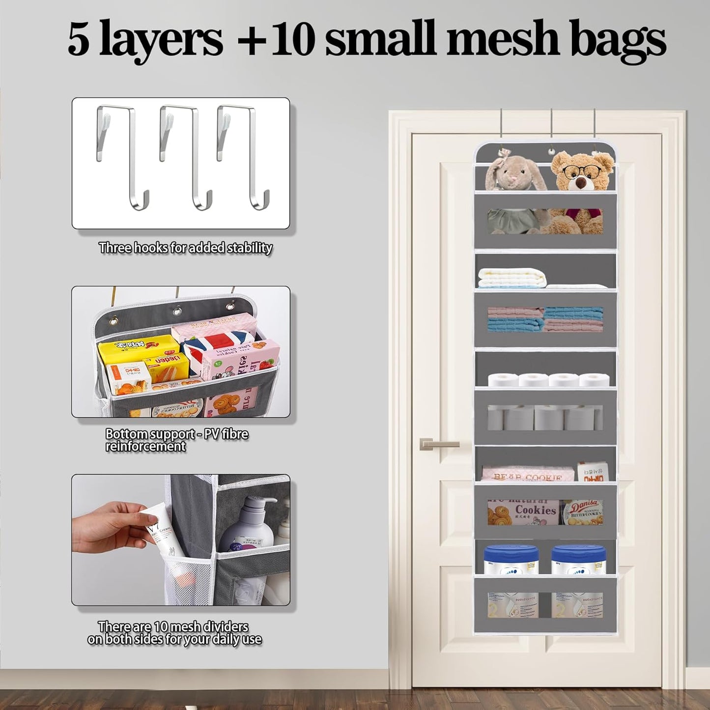 KYEVIS nursery over the door organiser with 5 layers and 10 small mesh bags for efficient storage