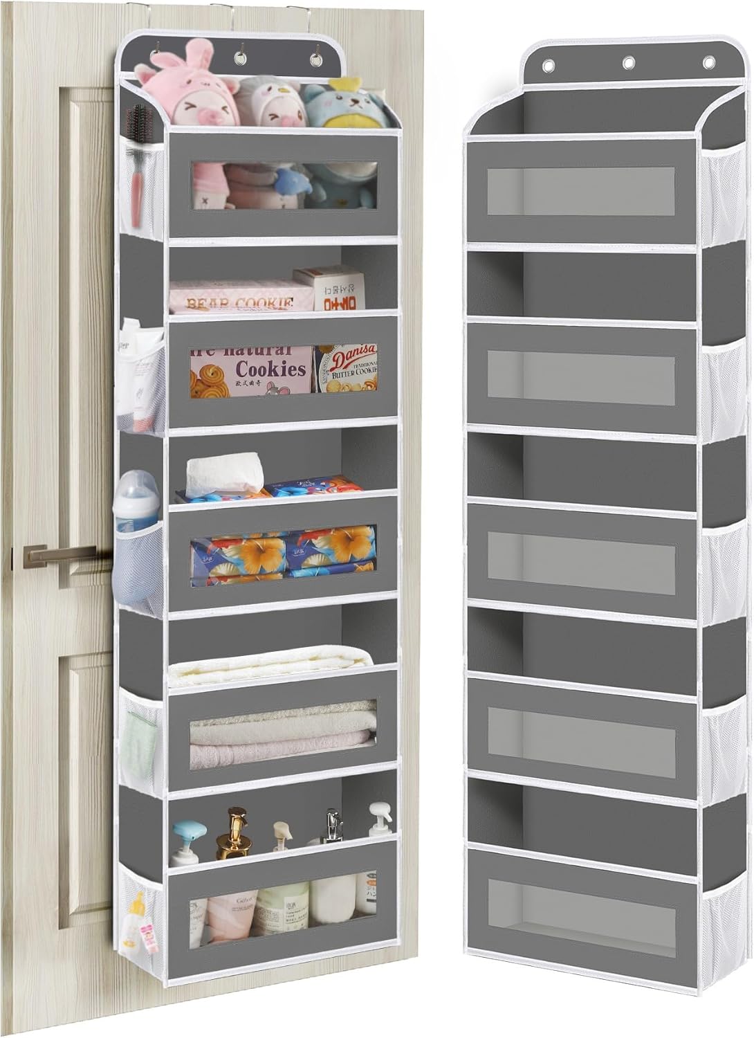 KYEVIS nursery over the door organiser in grey with multiple storage pockets for baby essentials