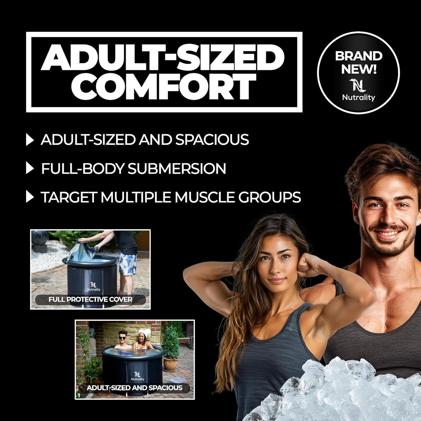 Nutrality 320L cold water therapy tub designed for adults with spacious seating for full-body muscle relief