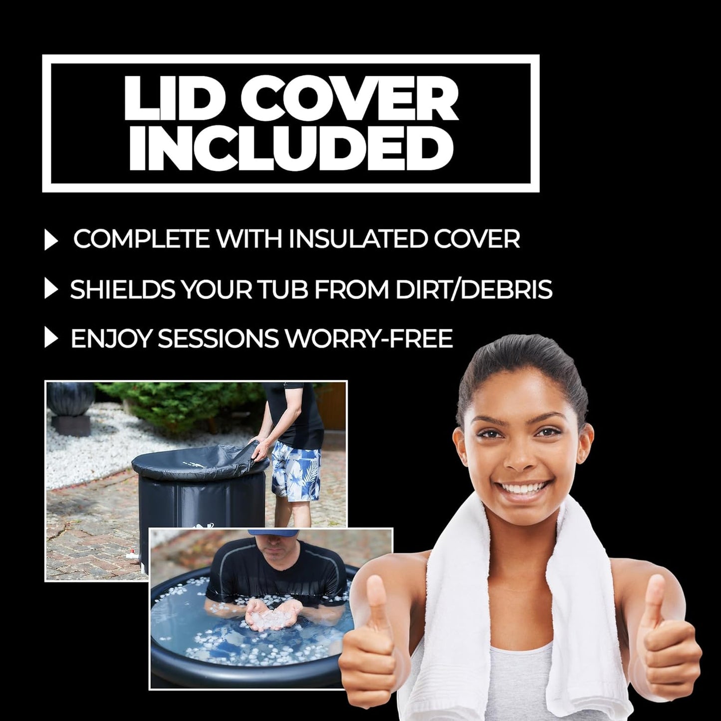 Nutrality 320L cold water therapy tub with insulated lid cover for dirt protection and worry-free sessions