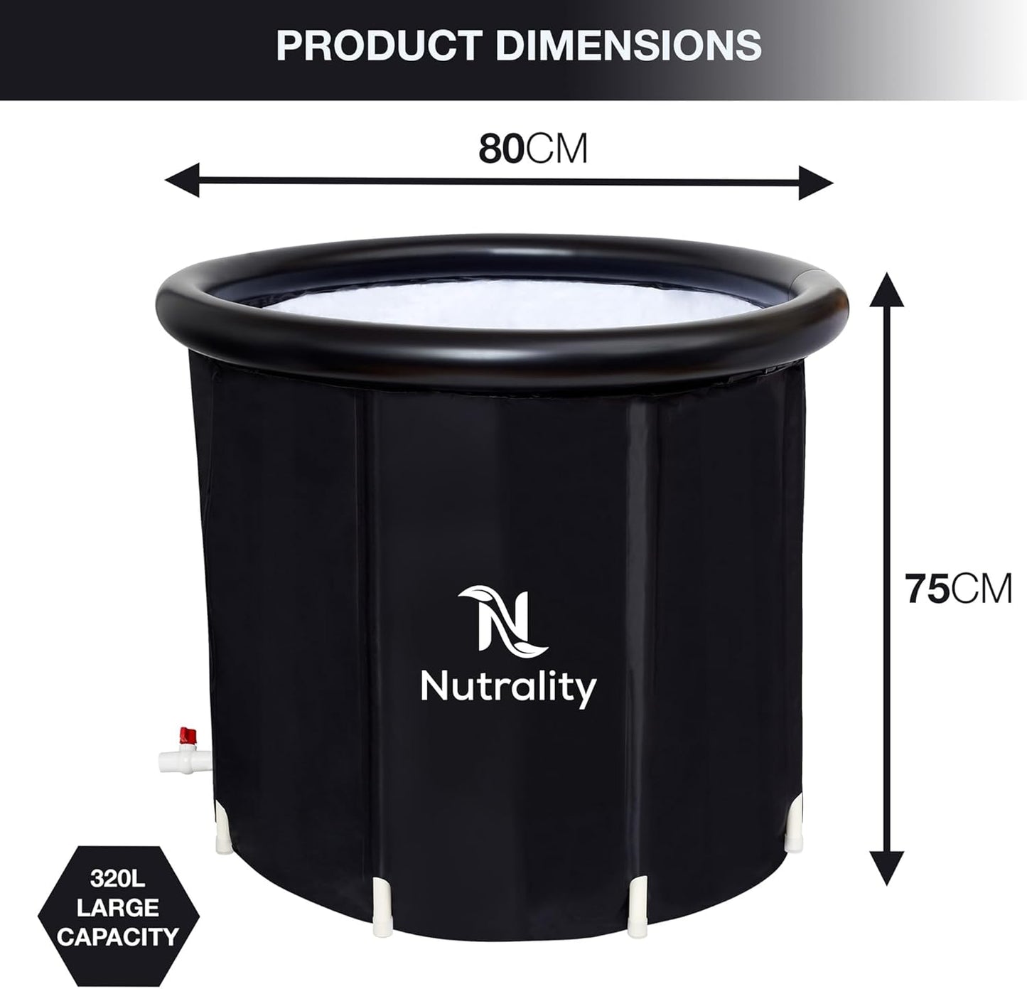 Nutrality 320L cold water therapy tub with a large capacity, measuring 80cm wide and 75cm tall