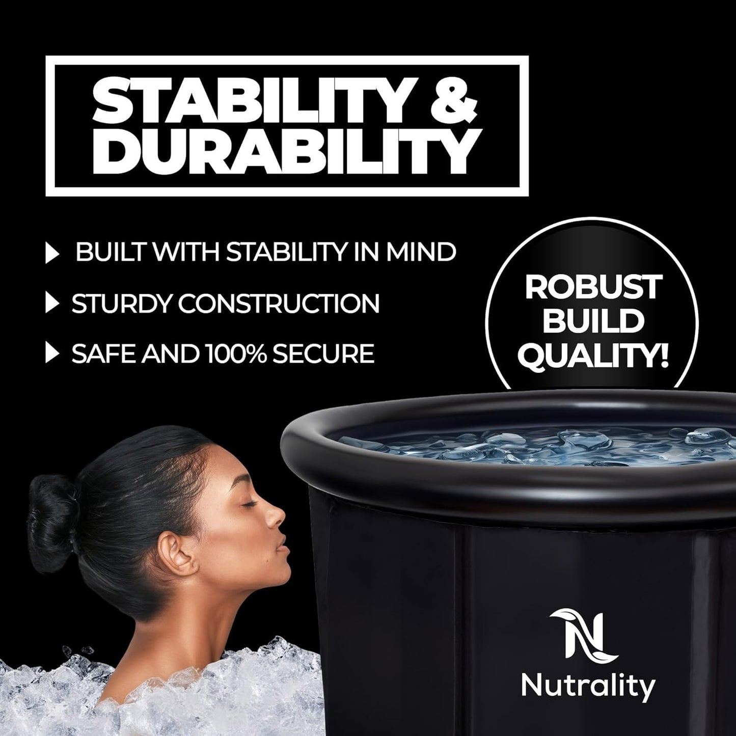 Nutrality 320L cold water therapy tub showcasing sturdy construction and stability features