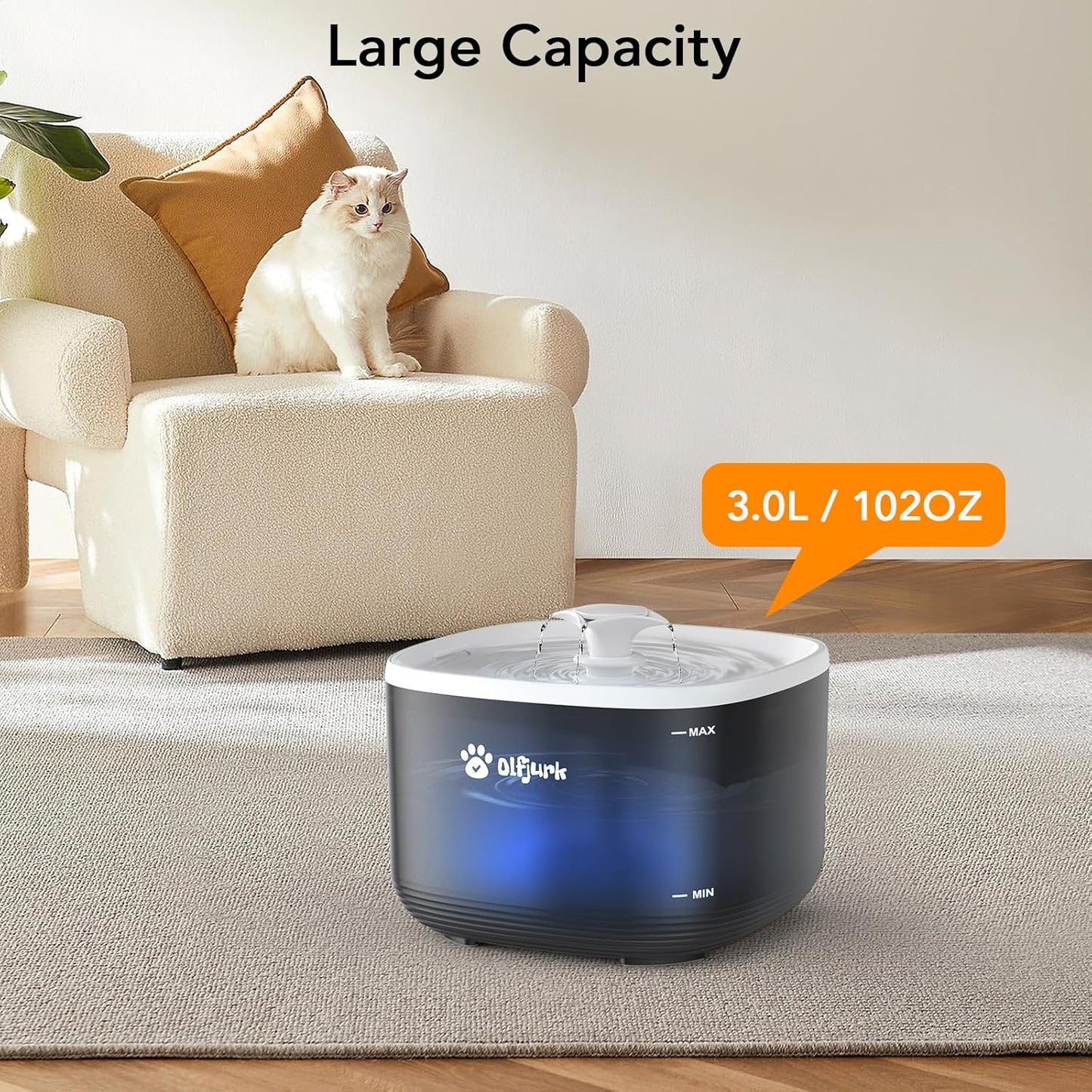 Olfjurk automatic pet water fountain with large capacity of 3.0L, perfect for keeping pets hydrated