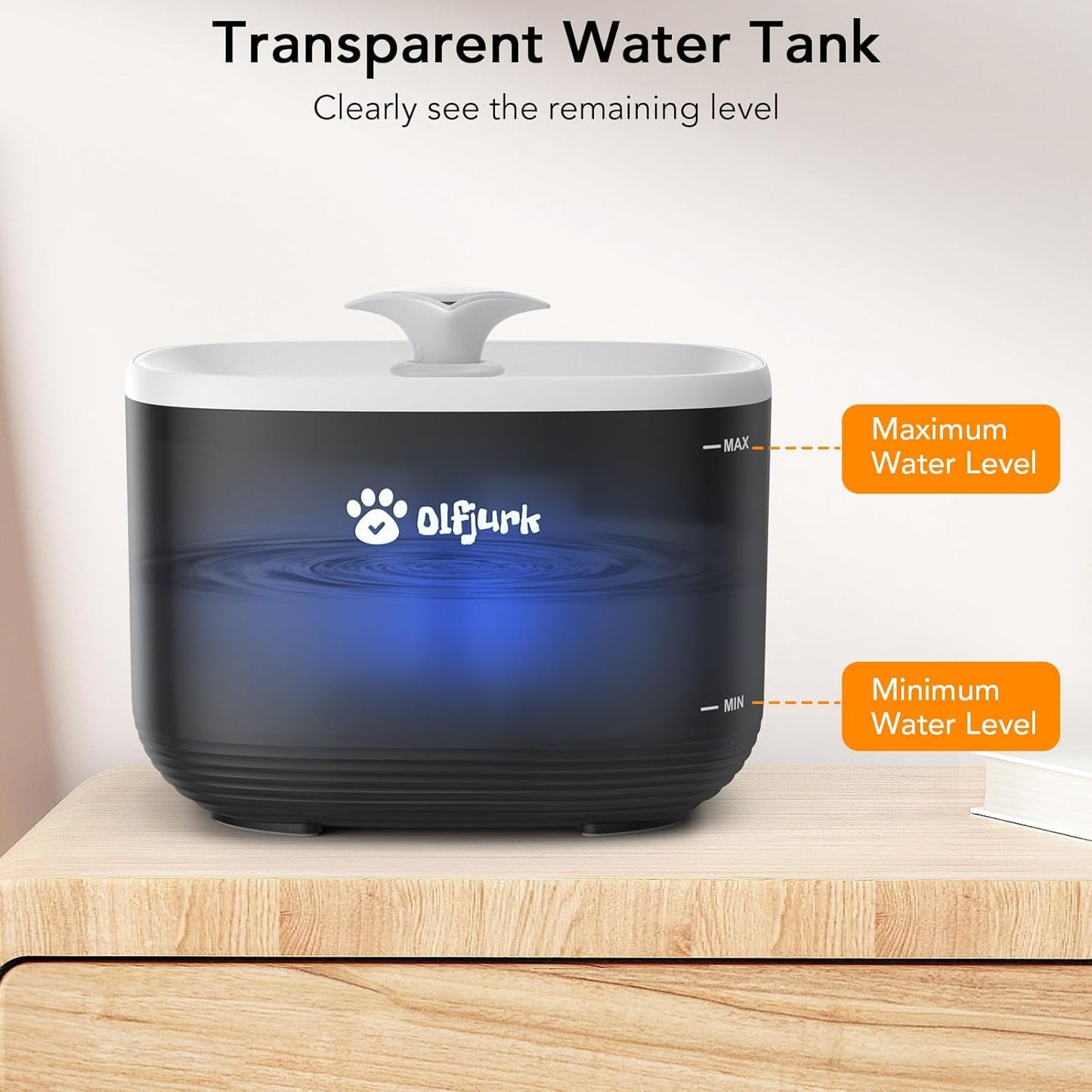 Olfjurk automatic pet water fountain with transparent water tank showing maximum and minimum water levels