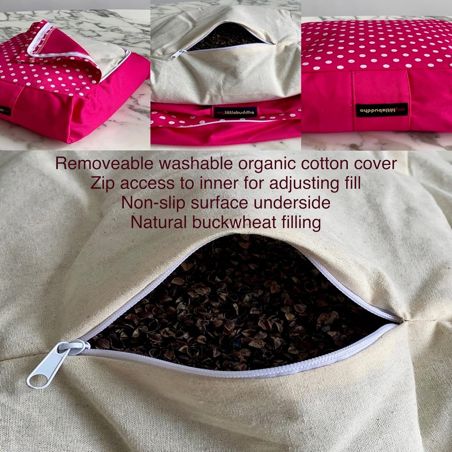 Organic cotton booster seat with removable cover and adjustable fill for added comfort