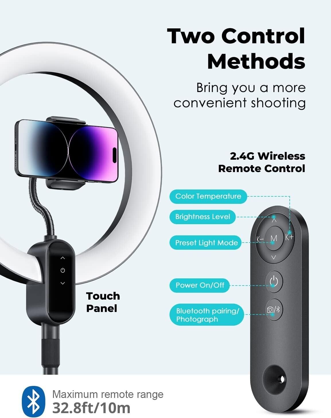 Overhead ring light with phone holder and remote control for easy photography convenience