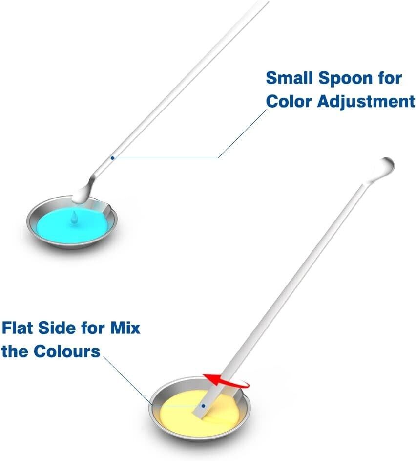 Paint tray set with stirrers and pipettes featuring small spoon for colour adjustment and flat side for mixing