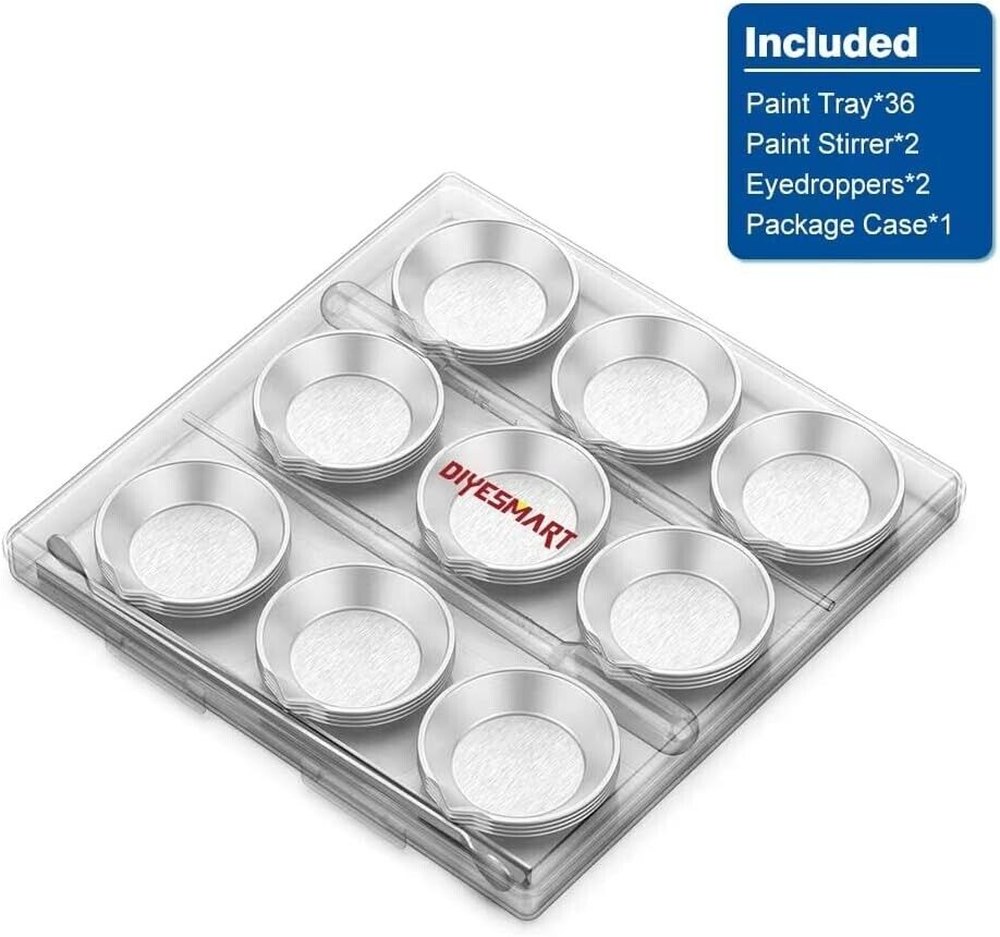 Diyesmart paint tray set with stirrers and pipettes, featuring 36 paint trays and 2 eyedroppers