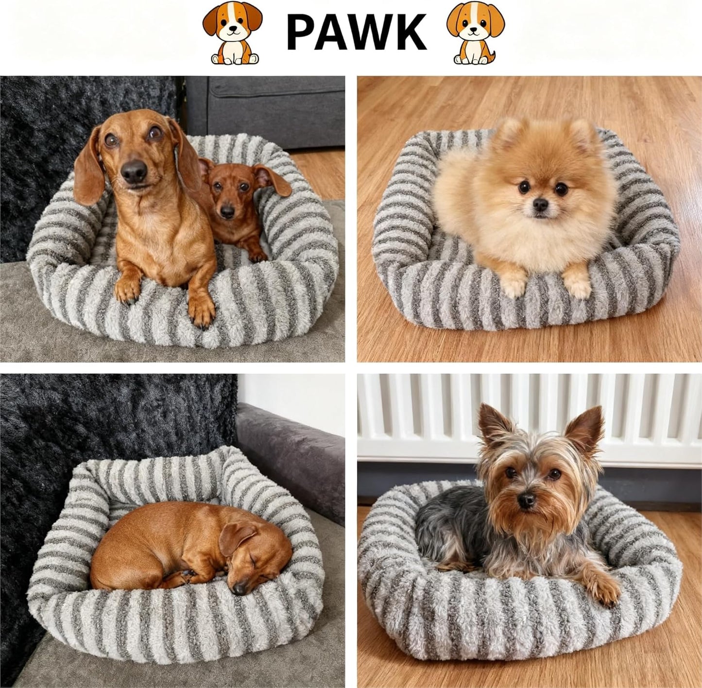 Pawk small dog bed waterproof cover in grey stripes with cosy design for small breeds