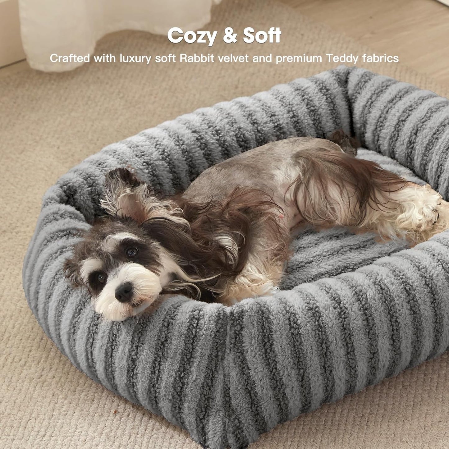 Small dog bed with waterproof cover in grey, featuring luxury soft fabrics for comfort and durability